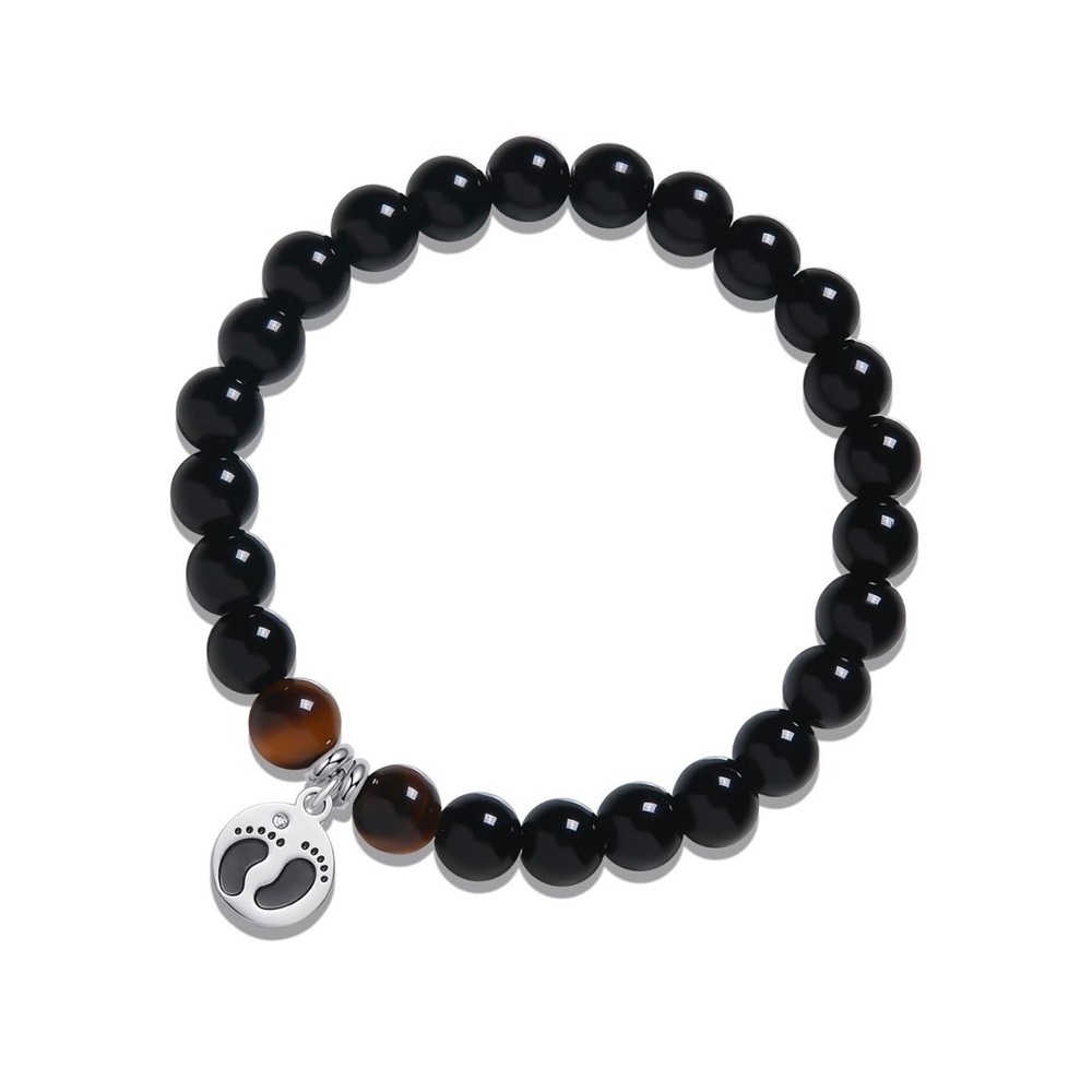 New Dad Gift Footprint Pendant Bead Bracelet Mens Black Obsidian Tigers Eye